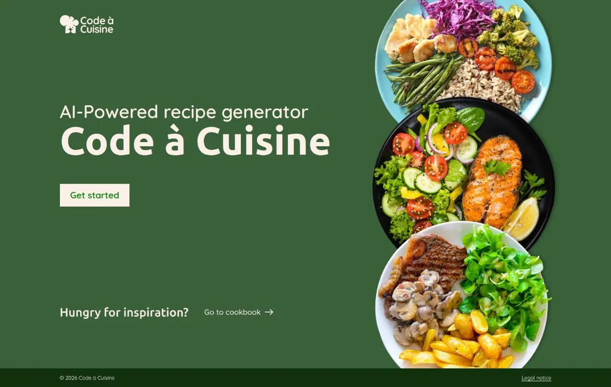 Start page of the recipe generator Code à Cuisine